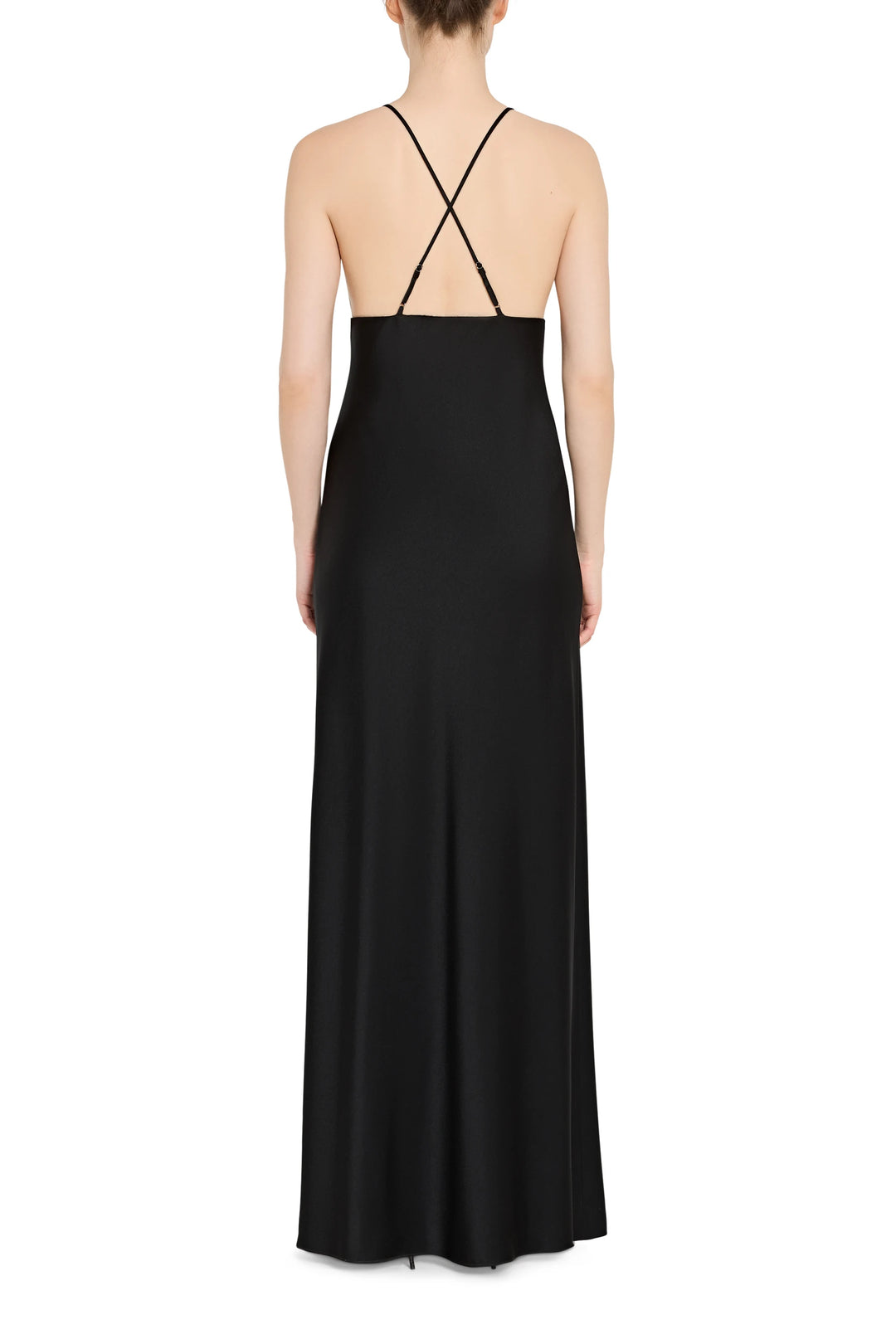 Black evening gown with thin straps on a white background