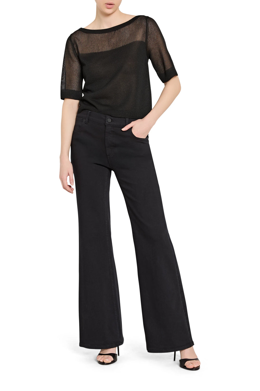 Person wearing a black sheer top and black wide-leg pants on a white background