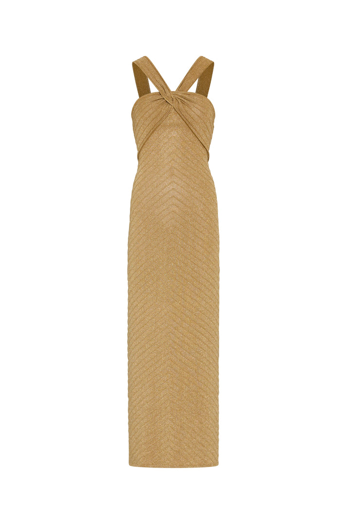 Beige dress with criss-cross straps on a white background