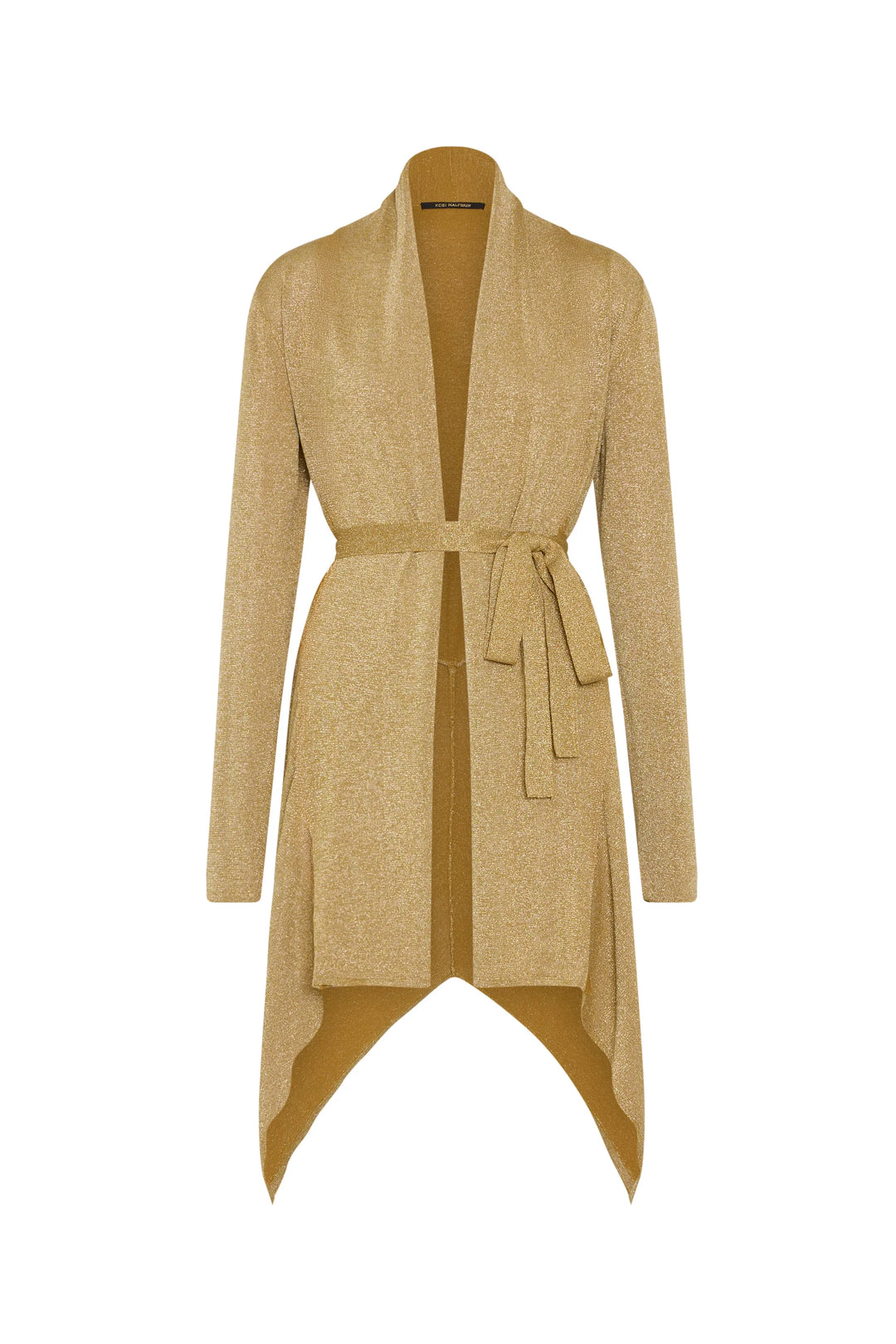 Beige cardigan with a belt on a white background
