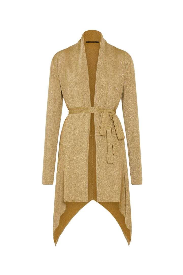 Beige cardigan with a belt on a white background