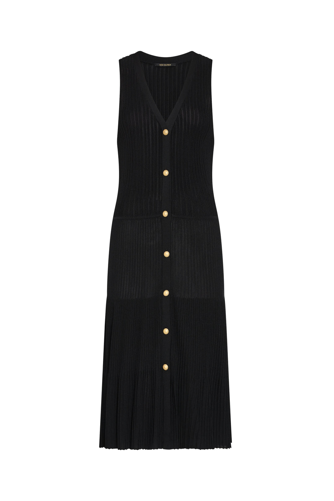 Black sleeveless dress with button details on a white background