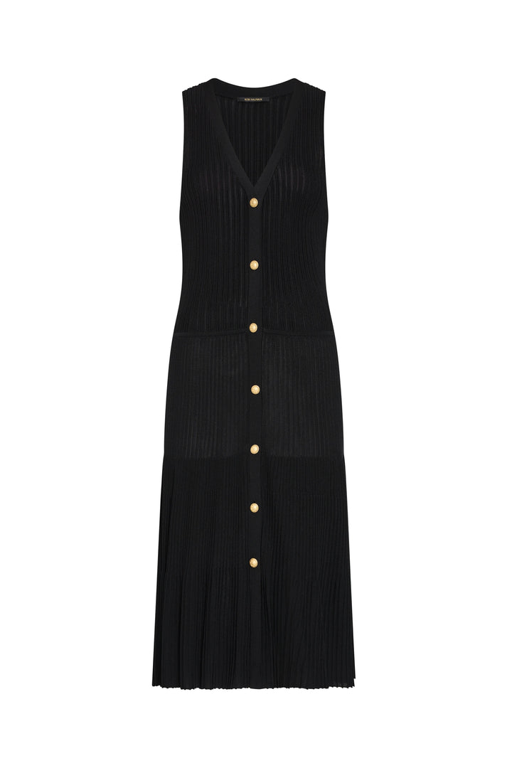 Black sleeveless dress with button details on a white background