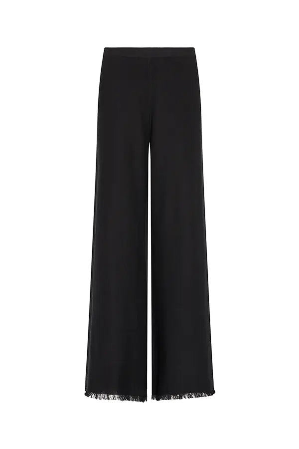 Black pants with lace trim on a white background