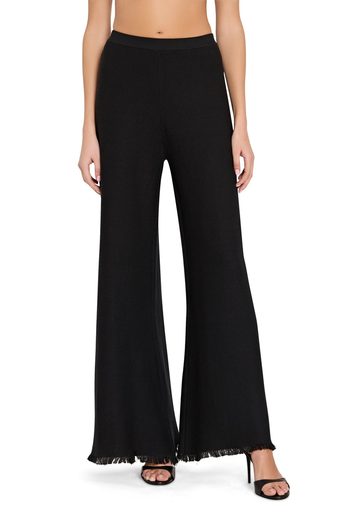 Black wide-leg pants worn by a person on a white background