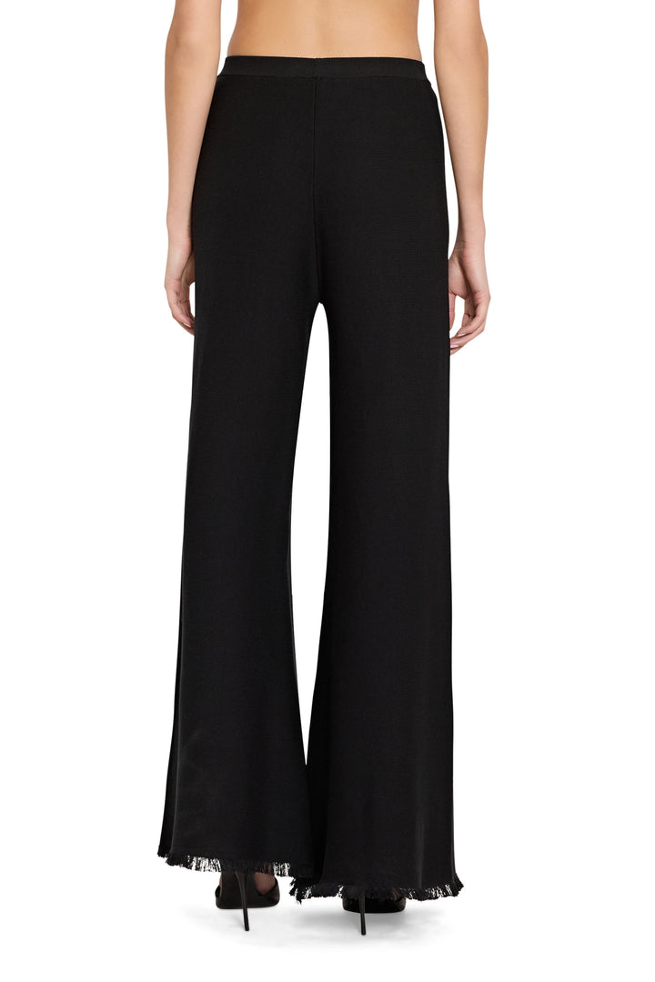 Black wide-leg pants worn by a person on a white background