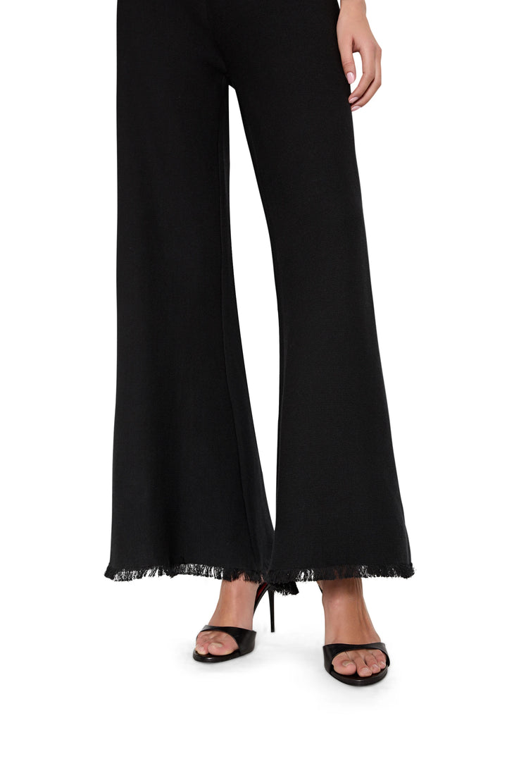 Black wide-leg pants with fringe hem on a white background