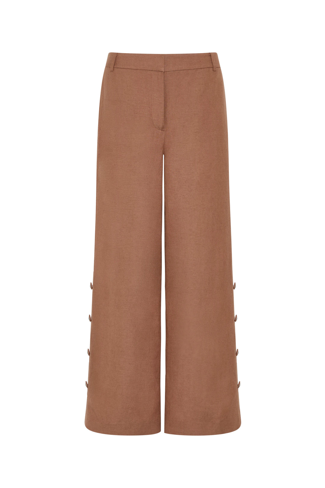 Wide-leg, high-waisted linen pant with artisan buttons and structured waistband. Front view on white.
