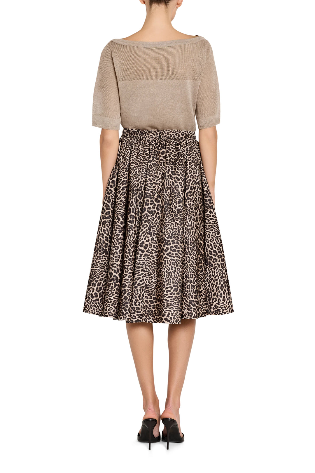 A-line Violet Leopard Skirt with pockets, midi length, soft drape; back view on model.