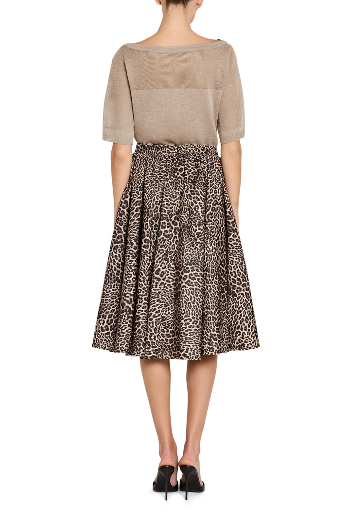A-line Violet Leopard Skirt with pockets, midi length, soft drape; back view on model.
