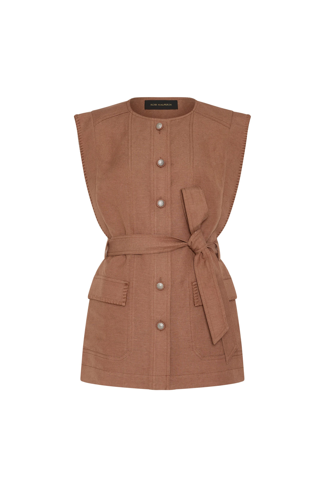 Sleeveless linen vest with belted waist, flap pockets, button front; structured silhouette. Front view on white.